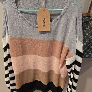 Listicle Striped Colorblock Crewneck Sweater in Blue, Pink, Tan, Black